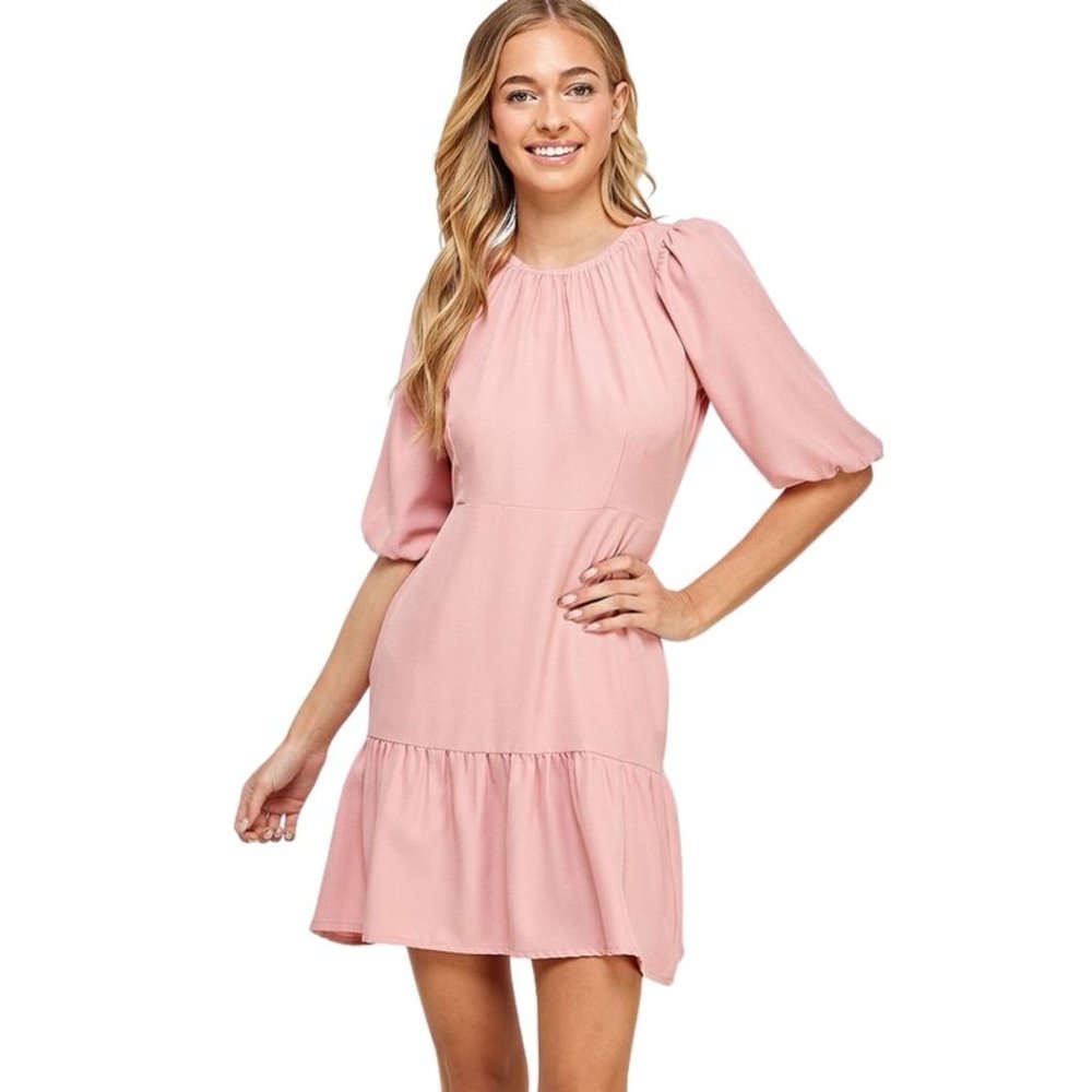 Two Hearts Pink 3/4 Puff Sleeve Drop Hem Ruched Mini Dress D3883-PINK
